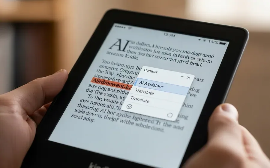 Крупний план електронної книги Kindle 4 з виділеною фразою на екрані та контекстним меню 'AI Assistant' і 'Translate'.