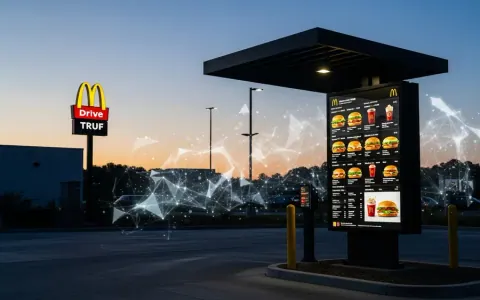 Сучасне меню drive-thru McDonald's з абстрактними візуальними елементами, що символізують обробку даних та персоналізовані рекомендації.