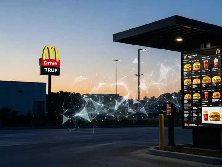 Сучасне меню drive-thru McDonald's з абстрактними візуальними елементами, що символізують обробку даних та персоналізовані рекомендації.
