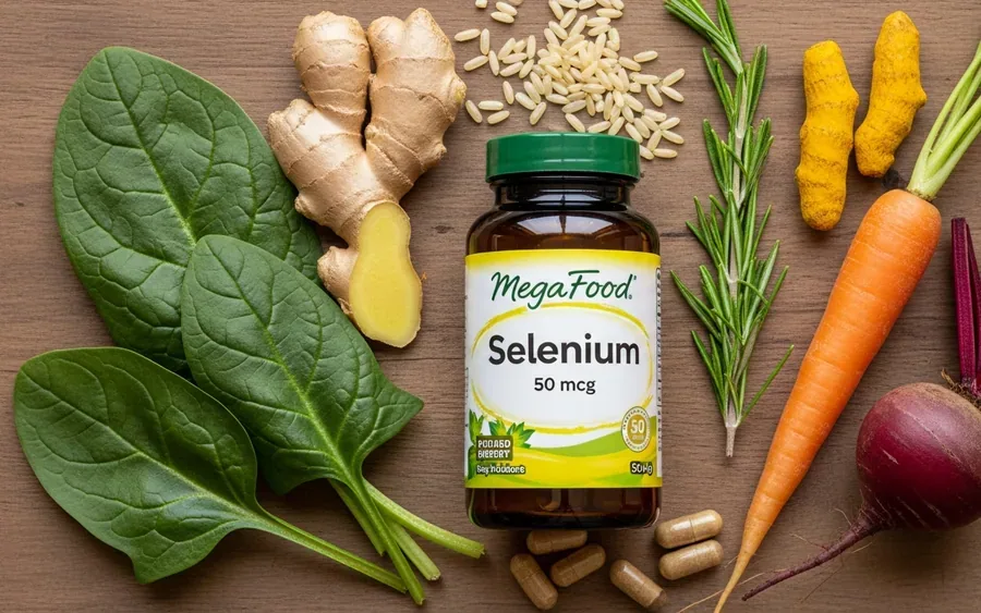 Пляшка добавки MegaFood Selenium, оточена свіжими інгредієнтами: шпинатом, імбиром, куркумою, розмарином, коричневим рисом, морквою та буряком на дерев'яній поверхні.