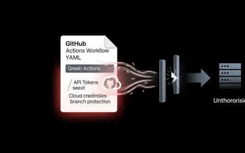 Концептуальна ілюстрація, що показує витік секретів з файлу GitHub Actions YAML через слабкий захист гілок до віддаленого сервера.