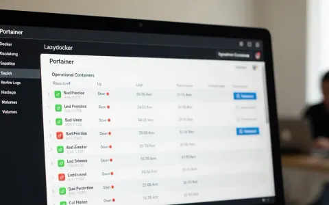 Екран комп'ютера з графічним інтерфейсом менеджера контейнерів Docker, що відображає список контейнерів та їхній статус.