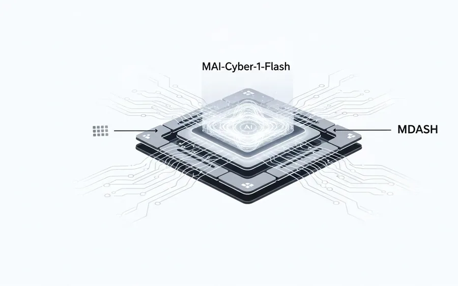 Концептуальна ілюстрація інтеграції AI-моделі MAI-Cyber-1-Flash в платформу MDASH для кібербезпеки.
