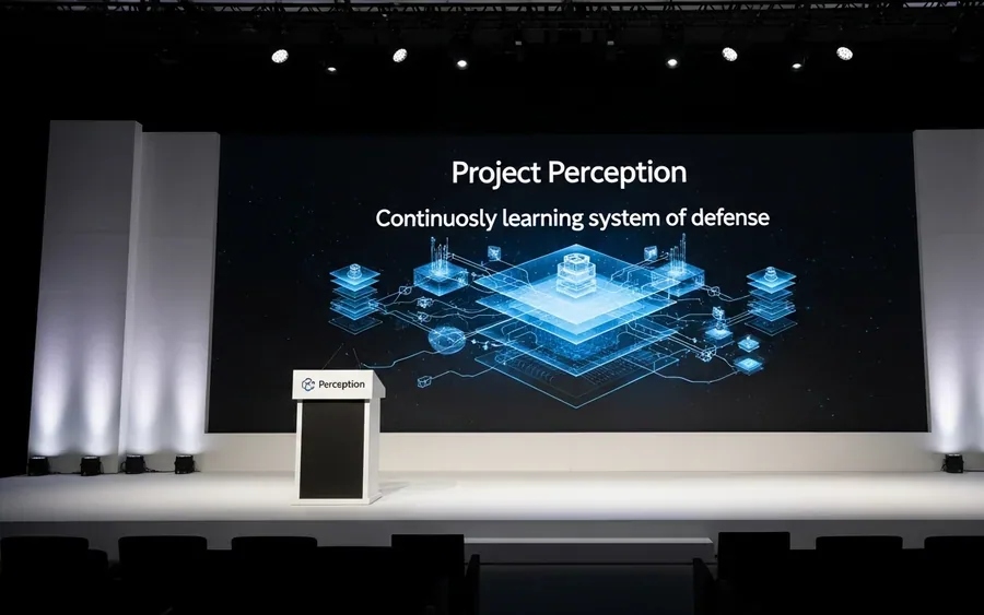 Концептуальне зображення системи кібербезпеки Project Perception на екрані під час презентації