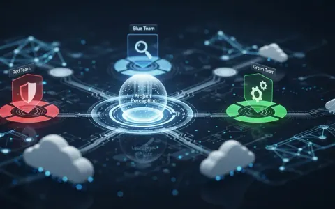 Концептуальна ілюстрація системи кібербезпеки Project Perception, що зображує центральний вузол, оточений взаємопов'язаними абстрактними іконками агентів (червоний, синій, зелений), які обробляють дані з цифрового середовища.