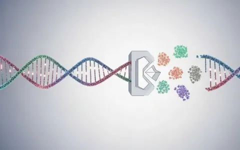 Концептуальна ілюстрація, що показує абстрактні ДНК-ланцюги, які обробляються центральним геометричним блоком, що виявляє різні кольорові кластери, які символізують генетичні підтипи.
