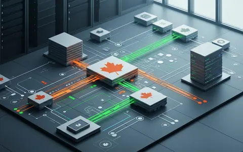 Стилізоване зображення хмарної обчислювальної інфраструктури, що символізує безпечну обробку даних у Канаді, з елементами, що вказують на швидкість та дослідження.