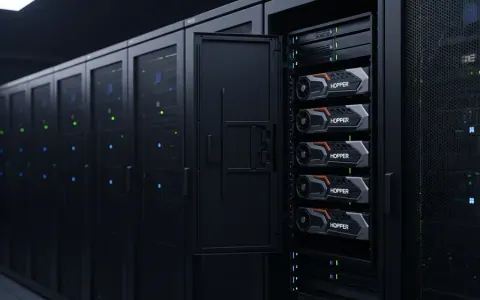Серверна кімната з рядами стійок, що містять чипи Nvidia, які використовуються для обчислень ШІ.