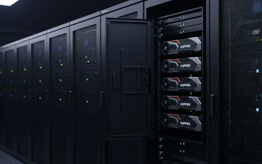 Серверна кімната з рядами стійок, що містять чипи Nvidia, які використовуються для обчислень ШІ.