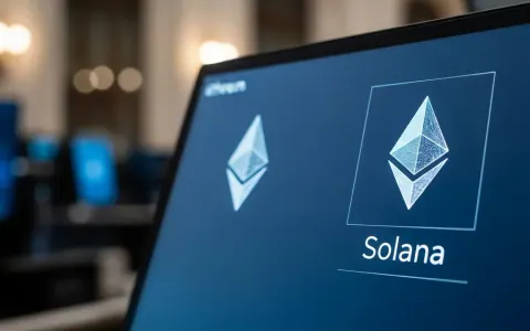 Екран фінансового терміналу з абстрактними символами Ethereum та Solana у професійному офісному середовищі