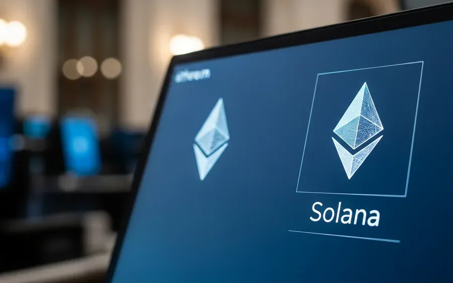 Екран фінансового терміналу з абстрактними символами Ethereum та Solana у професійному офісному середовищі