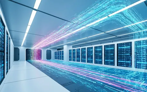 Абстрактна ілюстрація, що показує потік даних у футуристичний центр обробки даних NASA, символізуючи інженерію даних, інформатику та штучний інтелект у космічному контексті.