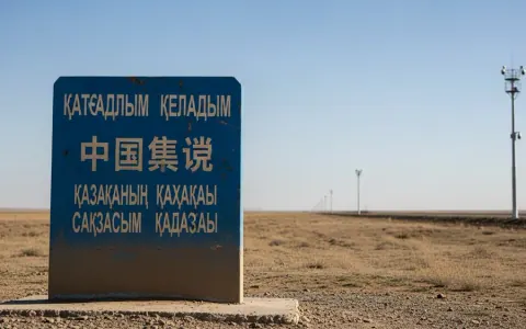 Прикордонний знак на кордоні Казахстану та Китаю з вежею спостереження на горизонті