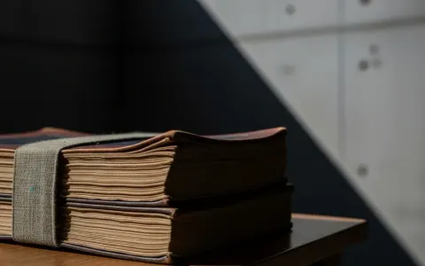 Стопка старовинних тибетських буддійських текстів, частково затінена сучасною архітектурною спорудою