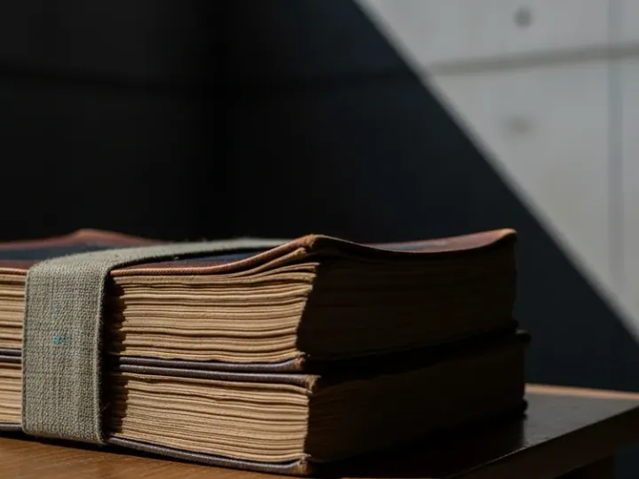 Стопка старовинних тибетських буддійських текстів, частково затінена сучасною архітектурною спорудою