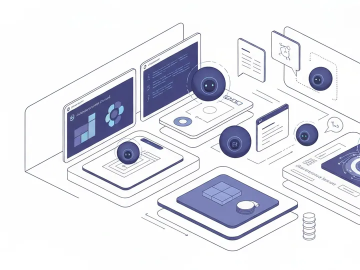 Абстрактна ілюстрація, що зображує інтеграцію AI-агентів у складну корпоративну систему, символізуючи модернізацію та підвищення ефективності.