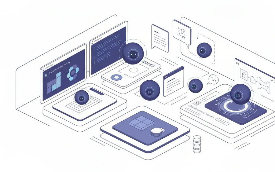 Абстрактна ілюстрація, що зображує інтеграцію AI-агентів у складну корпоративну систему, символізуючи модернізацію та підвищення ефективності.