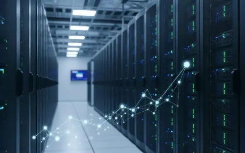 Сучасний інтер'єр центру обробки даних з рядами серверних стійок та абстрактним візуальним елементом, що символізує зростання.