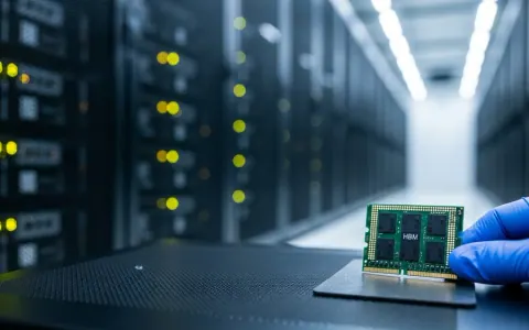 Редакційна фотографія всередині дата-центру з фокусом на чипі високошвидкісної пам'яті (HBM) на передньому плані та рядами серверних стійок на задньому плані.