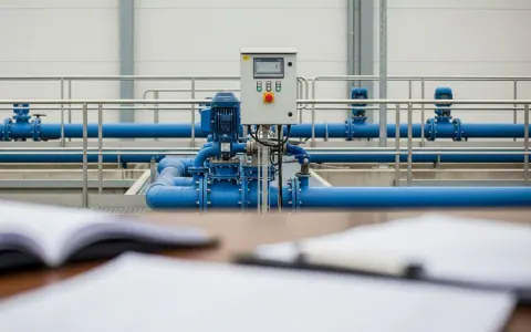 Сучасна очисна споруда стічних вод з елементами труб та панелей управління, що символізують інфраструктуру та її управління.