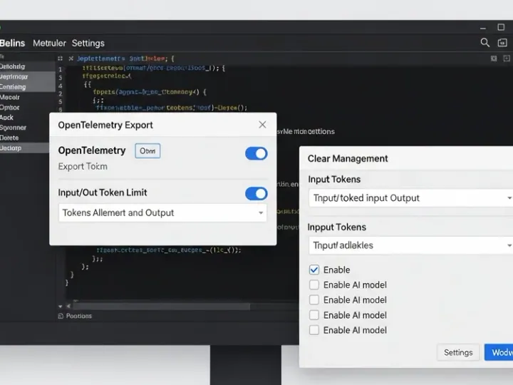 Інтерфейс IDE JetBrains з налаштуваннями GitHub Copilot, що показують параметри OpenTelemetry, ліміти токенів та керування моделями.