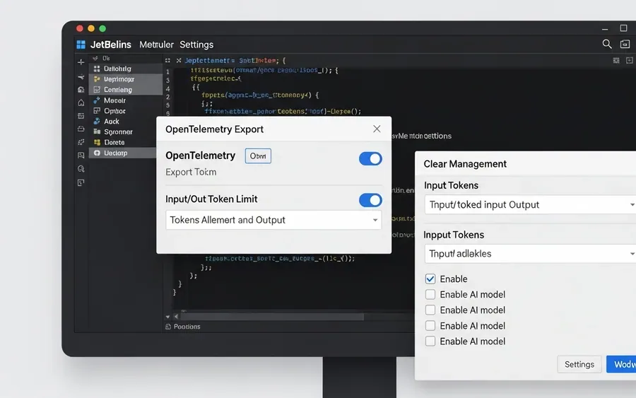 Інтерфейс IDE JetBrains з налаштуваннями GitHub Copilot, що показують параметри OpenTelemetry, ліміти токенів та керування моделями.