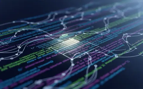 Концептуальна ілюстрація інтеграції ШІ-допомоги в середовище кодування з абстрактними лініями коду та інтелектуальними вузлами.