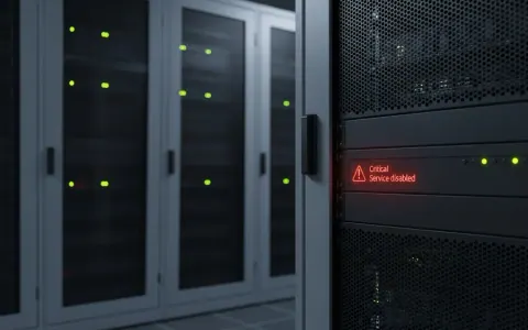 Серверна кімната з рядами серверних стійок, де один Linux-сервер має індикацію вимкненої служби безпеки.