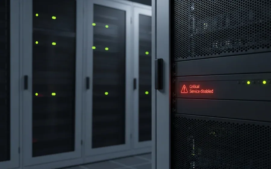 Серверна кімната з рядами серверних стійок, де один Linux-сервер має індикацію вимкненої служби безпеки.