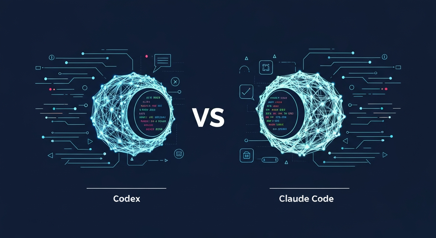 Візуалізація двох конкуруючих моделей кодування, OpenAI Codex та Anthropic Claude Code, представлених абстрактними мережами коду, що взаємодіють у цифровому середовищі.