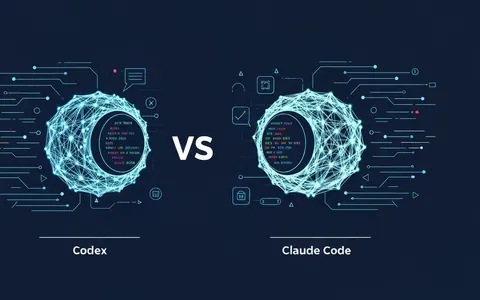 Візуалізація двох конкуруючих моделей кодування, OpenAI Codex та Anthropic Claude Code, представлених абстрактними мережами коду, що взаємодіють у цифровому середовищі.