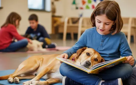 Дитина читає книжку собаці в освітній програмі Animal Humane Society