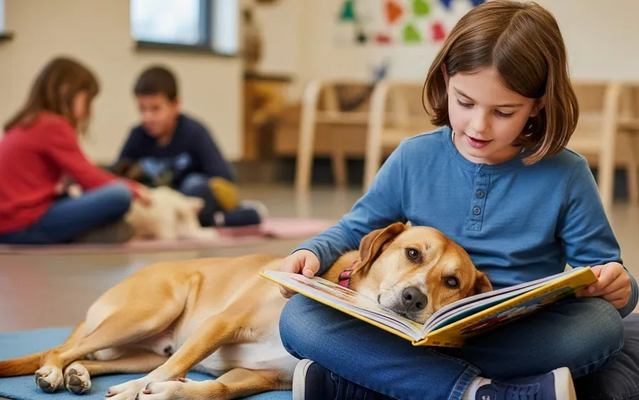 Дитина читає книжку собаці в освітній програмі Animal Humane Society