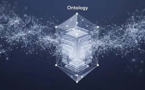 Концептуальна ілюстрація, що зображує Онтологію Palantir як центральну кристалічну структуру, яка організує та керує потоками абстрактних корпоративних даних, бізнес-логіки, контролю безпеки та операційних правил.