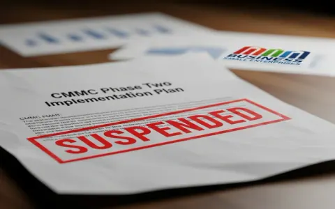 Офіційний документ з написом «План впровадження CMMC Фаза Два» з червоним штампом «ПРИЗУПИНЕНО» на дерев'яному столі.