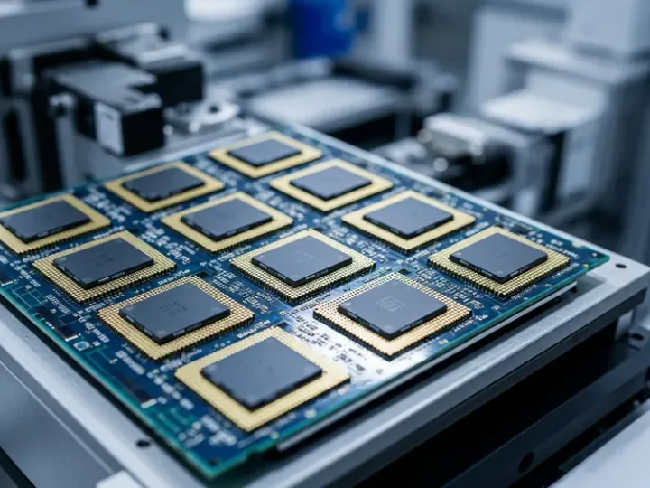 Зображення передового багаточипового пакета (multi-chip package) на виробничій лінії в напівпровідниковій фабриці Intel.