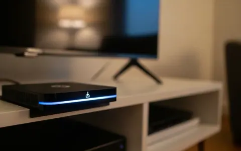 Компактна ігрова консоль Steam Machine зі світлодіодною смугою, що світиться, на сучасній телевізійній тумбі у вітальні.