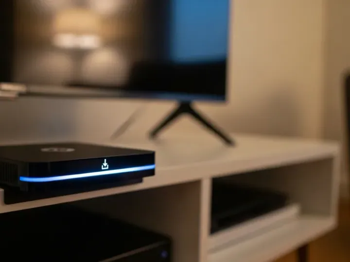 Компактна ігрова консоль Steam Machine зі світлодіодною смугою, що світиться, на сучасній телевізійній тумбі у вітальні.