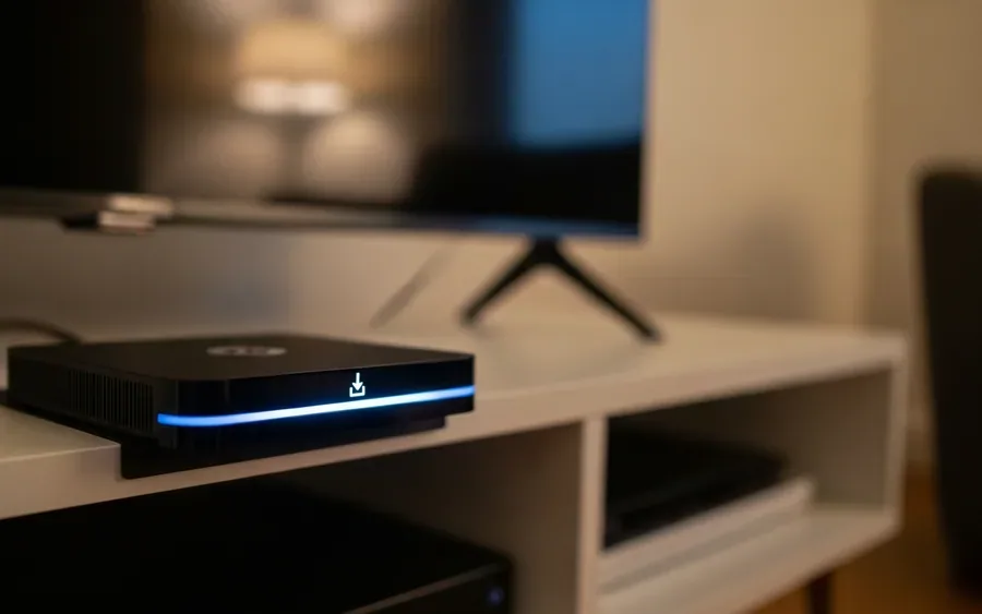 Компактна ігрова консоль Steam Machine зі світлодіодною смугою, що світиться, на сучасній телевізійній тумбі у вітальні.