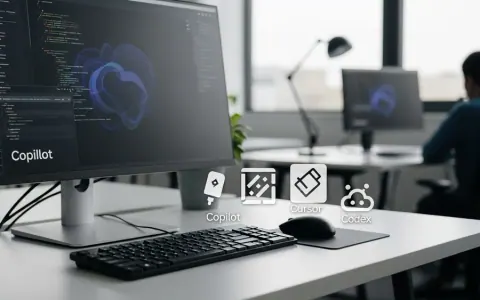 Робочий стіл розробника з абстрактними символами, що представляють GitHub Copilot, Cursor та OpenAI Codex, підкреслюючи вибір між AI-інструментами для кодування.