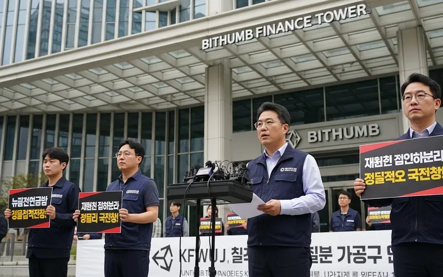 Прес-конференція профспілки Unity Technologies Korea біля Bithumb Finance Tower у Сеулі