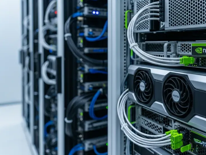 Серверні стійки з графічними процесорами Nvidia у центрі обробки даних ШІ