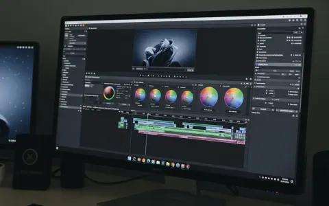 Монітор комп'ютера з професійним інтерфейсом відеомонтажу, що працює на Linux