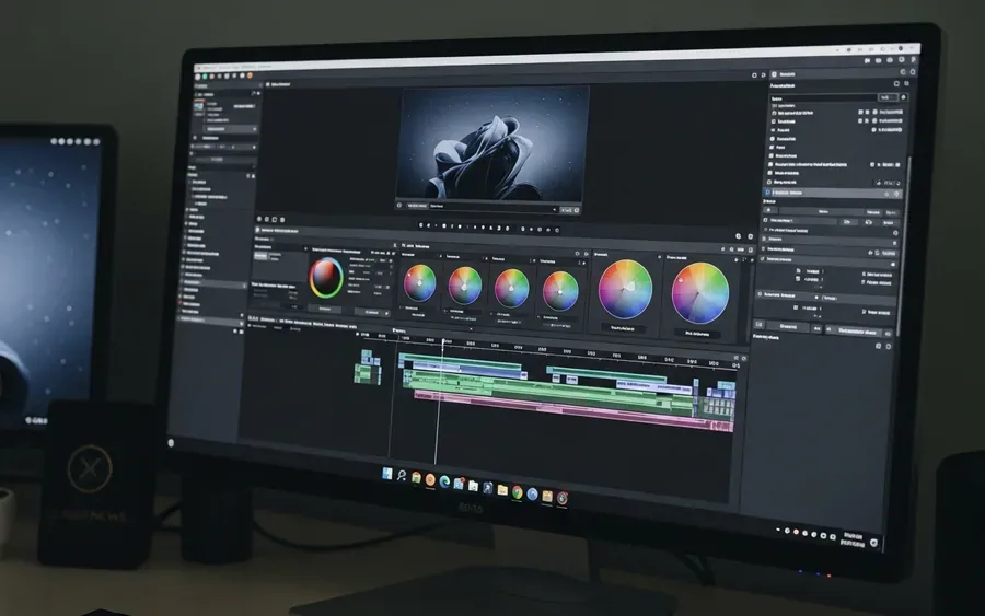 Монітор комп'ютера з професійним інтерфейсом відеомонтажу, що працює на Linux