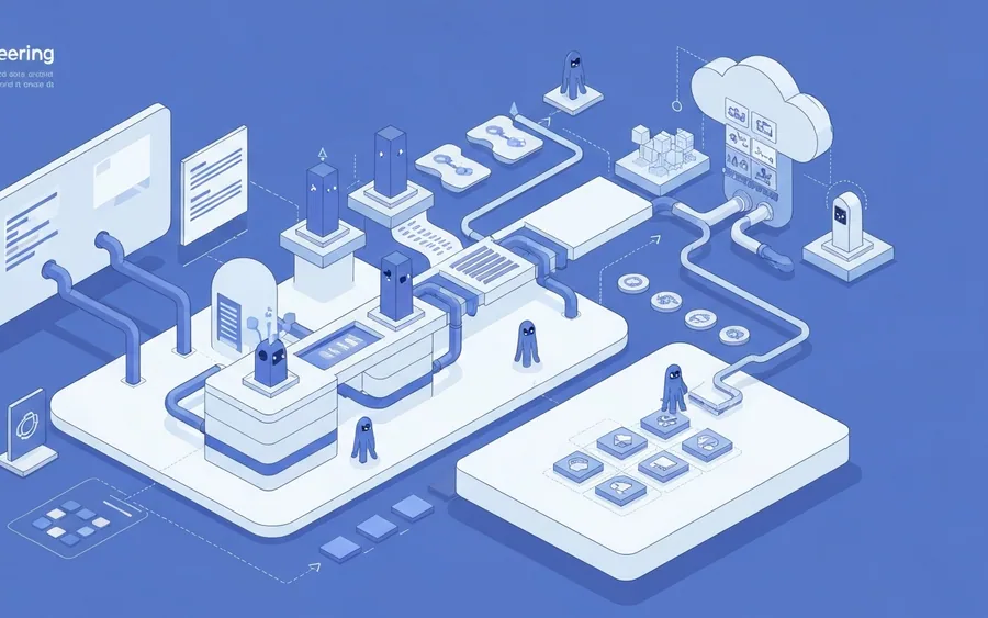 Ілюстрація, що зображує агентні можливості Qlik для інженерії даних у хмарі, з абстрактними елементами, що символізують потоки даних, автоматизацію та управління якістю.