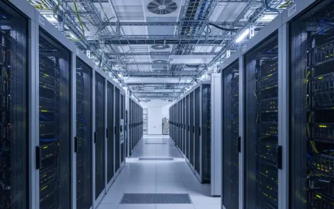 Сучасний інтер'єр центру обробки даних з рядами серверних стійок та світловими індикаторами