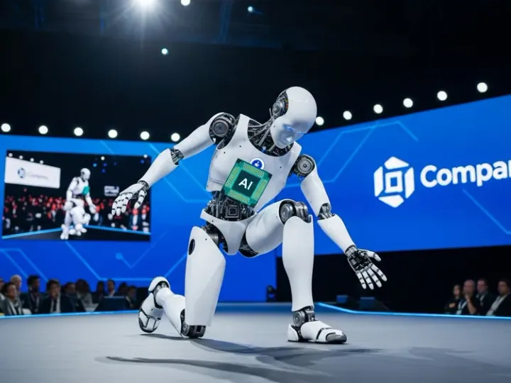 Гуманоїдний робот Qualcomm у процесі контрольованого падіння на коліна на сцені під час презентації на Computex 2026