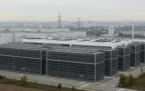 Сучасний центр обробки даних або серверна ферма в міській місцевості, що символізує інфраструктуру, на яку впливає заборона на майнінг криптовалют.