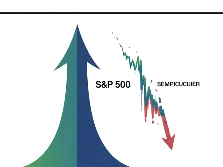 Концептуальна ілюстрація, що показує стійкість ринку S&P 500 (представленого стабільною висхідною лінією) на тлі падіння акцій напівпровідників (представлених меншою, нестабільною низхідною лінією).