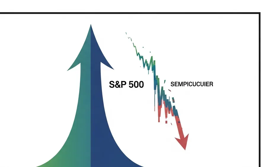 Концептуальна ілюстрація, що показує стійкість ринку S&P 500 (представленого стабільною висхідною лінією) на тлі падіння акцій напівпровідників (представлених меншою, нестабільною низхідною лінією).
